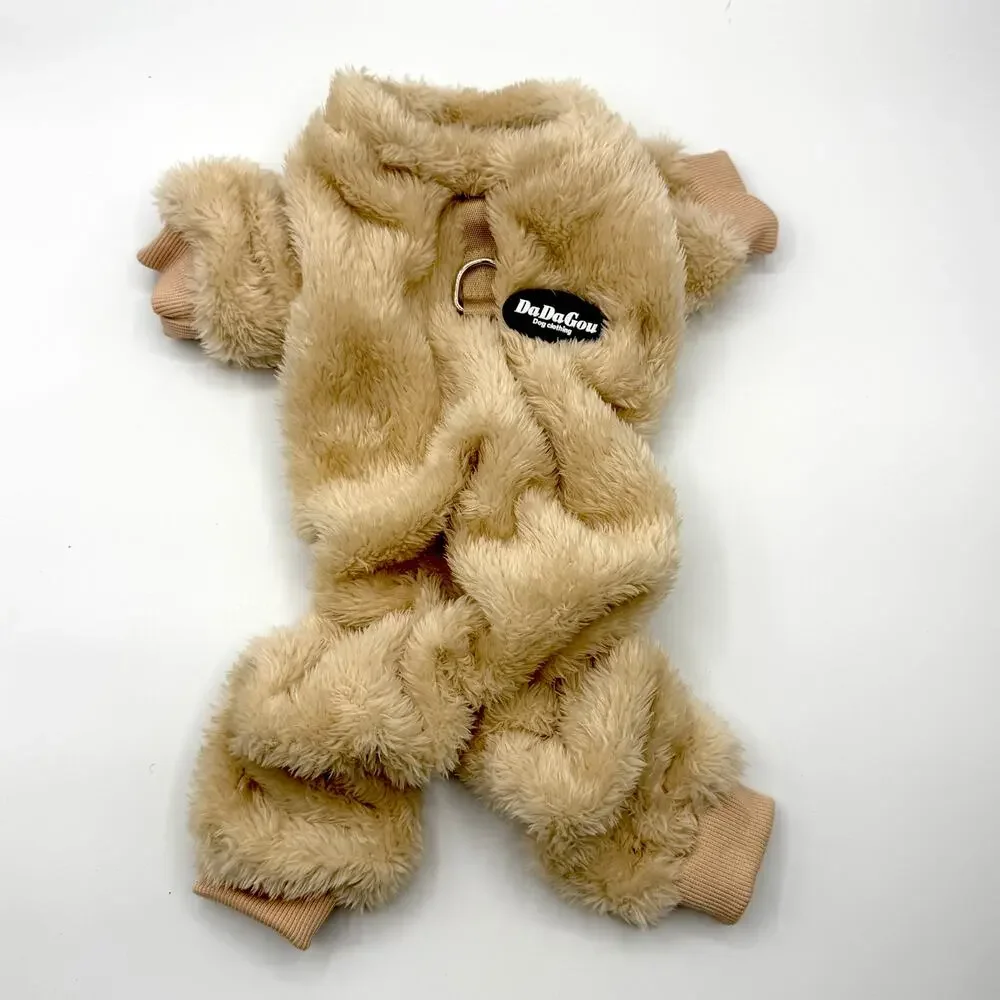NEW DaDaGou Plush Dog Jumpsuit Beige Teddy Fleece Pet Pajamas Harness Medium